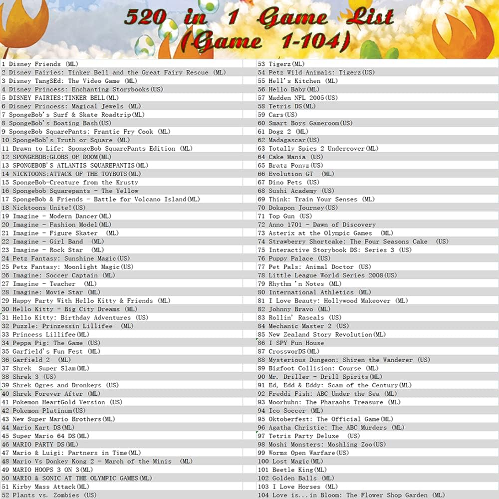 In 1 Nintendo Ds Game Cartridge 520 in 1 3Ds Game Pack Cartridge, Game Pack Card Super Combo for Most Nintendo DS / 2DS / 3DS Console (Reproduction) image number 1