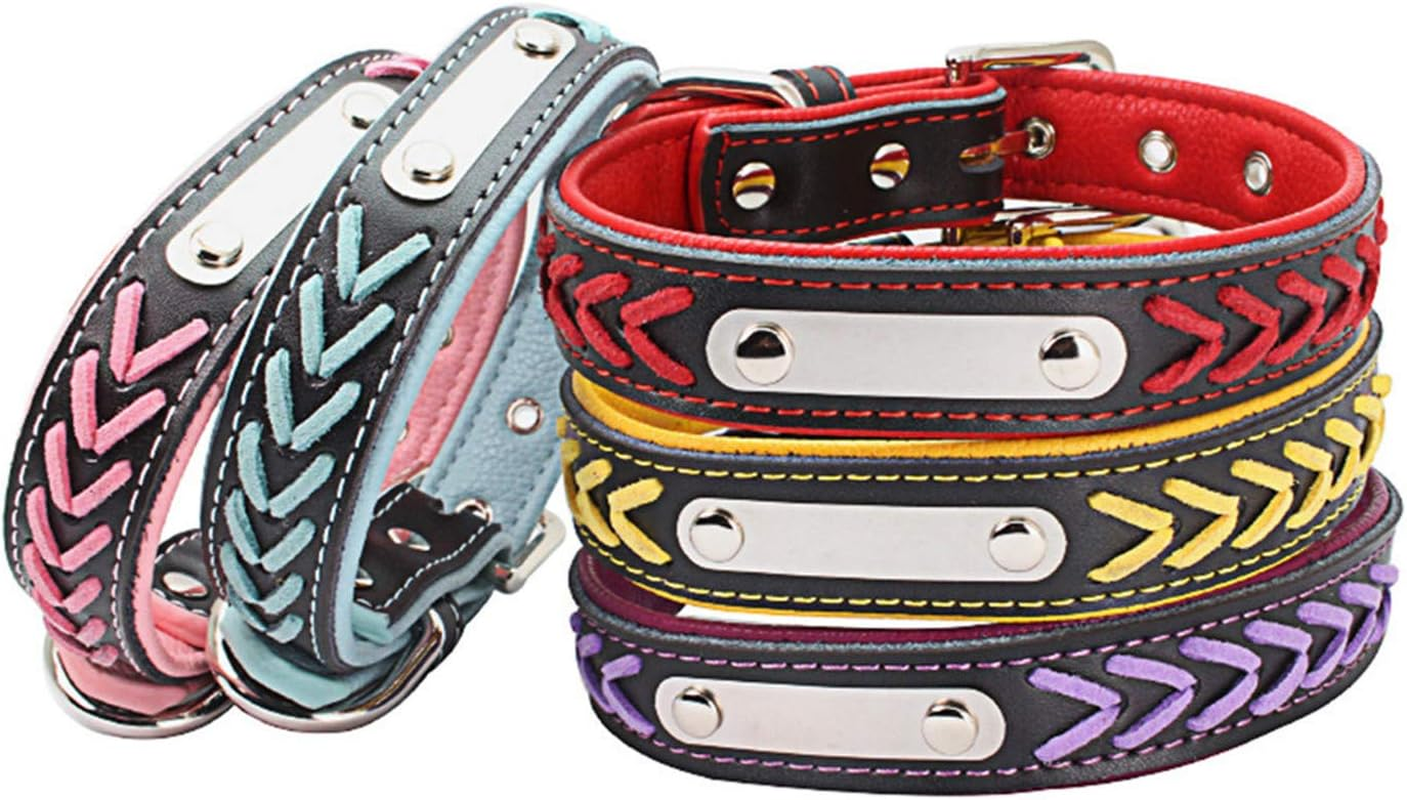 THAIN Leather Custom Collar,Braided Leather Engraved Dog Collars with Personalized Stainless Steel Nameplate for Small Medium Large Dogs (L(Neck 14.17"-18.11"), Yellow) image number 5