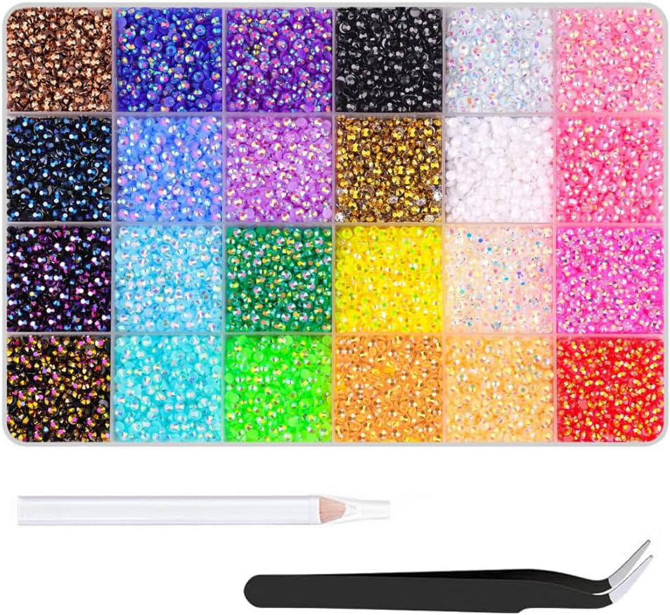24000Pcs Nail Art Rhinestones Kit, 24Assorted Colours, with Tweezers Tool and Pencil,Round Nail Flatback Rainbow Gems Set (3Mm ) image number 4