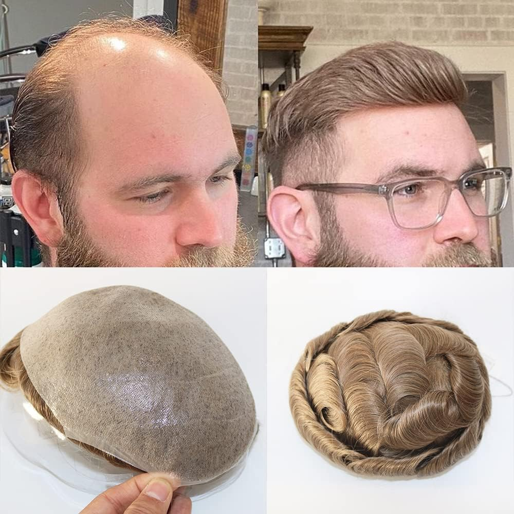 SIMBEAUTY Super Natural Hairline Human Hair Mens Toupee Free Style 10X8 Inch Thin Skin Hairpieces Replacement Systems Men Hair (0.06Mm Skin, 1B, off Black)