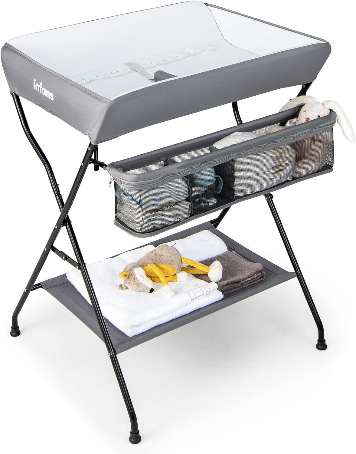 INFANS Baby Portable Changing Table, Infant Diaper Station with Storage Basket & Shelf, Foldable Nursery Organizer (Grey)