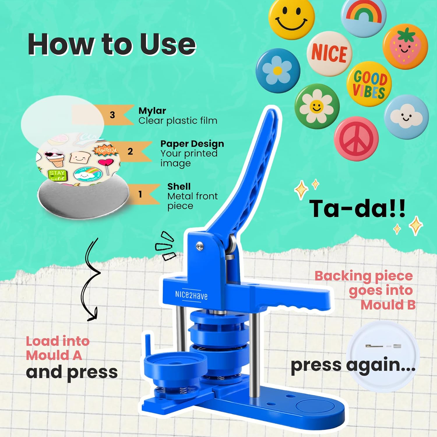 Nice2Have Button Maker Machine Multiple Sizes 25-32-58Mm - (500 Buttons,15 Bottle Openers,15 Fridge Magnets,15 Keychain Buttons, 500+ Free Designs,3 Circle Cutters) - Pin Maker Machine - Blue - Multi Mold image number 6