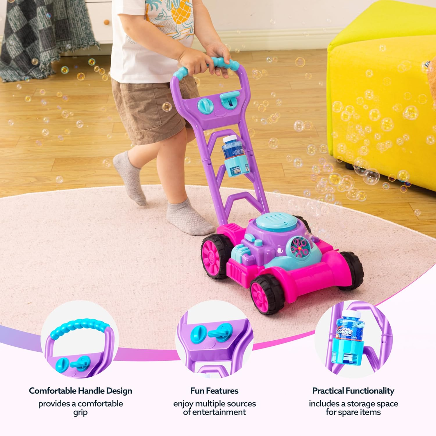 SLOOSH Bubble Lawn Mower Toddler Toys - Kids Bubble Machine Summer Outdoor Push Toy Games, Backyard Garden outside Play Toddlers Preschool Boys Girls Birthday Gifts (Pink) - Blue image number 6