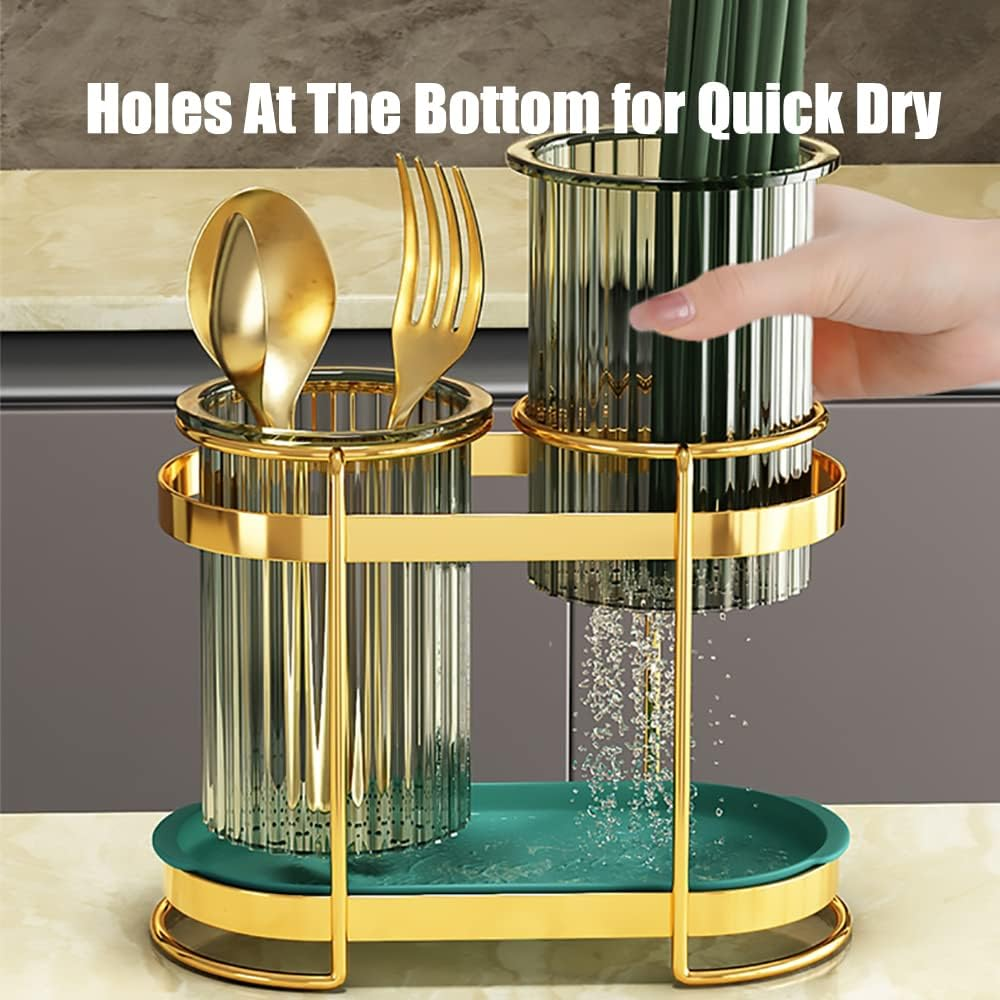 FOREVERIE Gold Metal Cutlery Holder Organizer with Draining Drip Holes & Flatware Drainer Plate, Kitchen Utensil Holder Organiser Drying Rack for Chopstick, Fork, Spoon Etc.