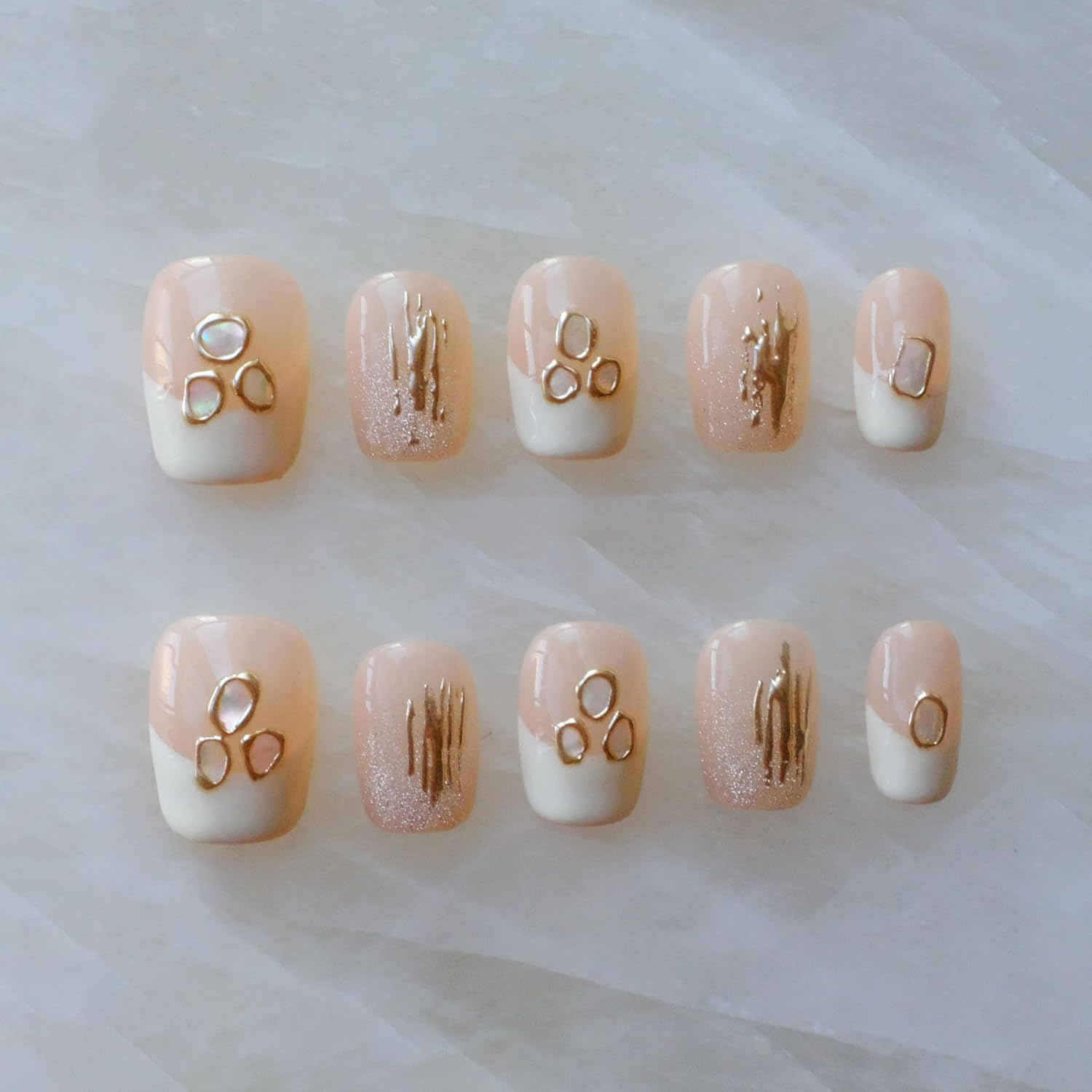[GLORS] Purely Handmade Press on Nails | Elegant French Pink Pearl Gold Fake False Nail | Salon Quality in Short Square Shape, 10 Pieces (Small, SS)