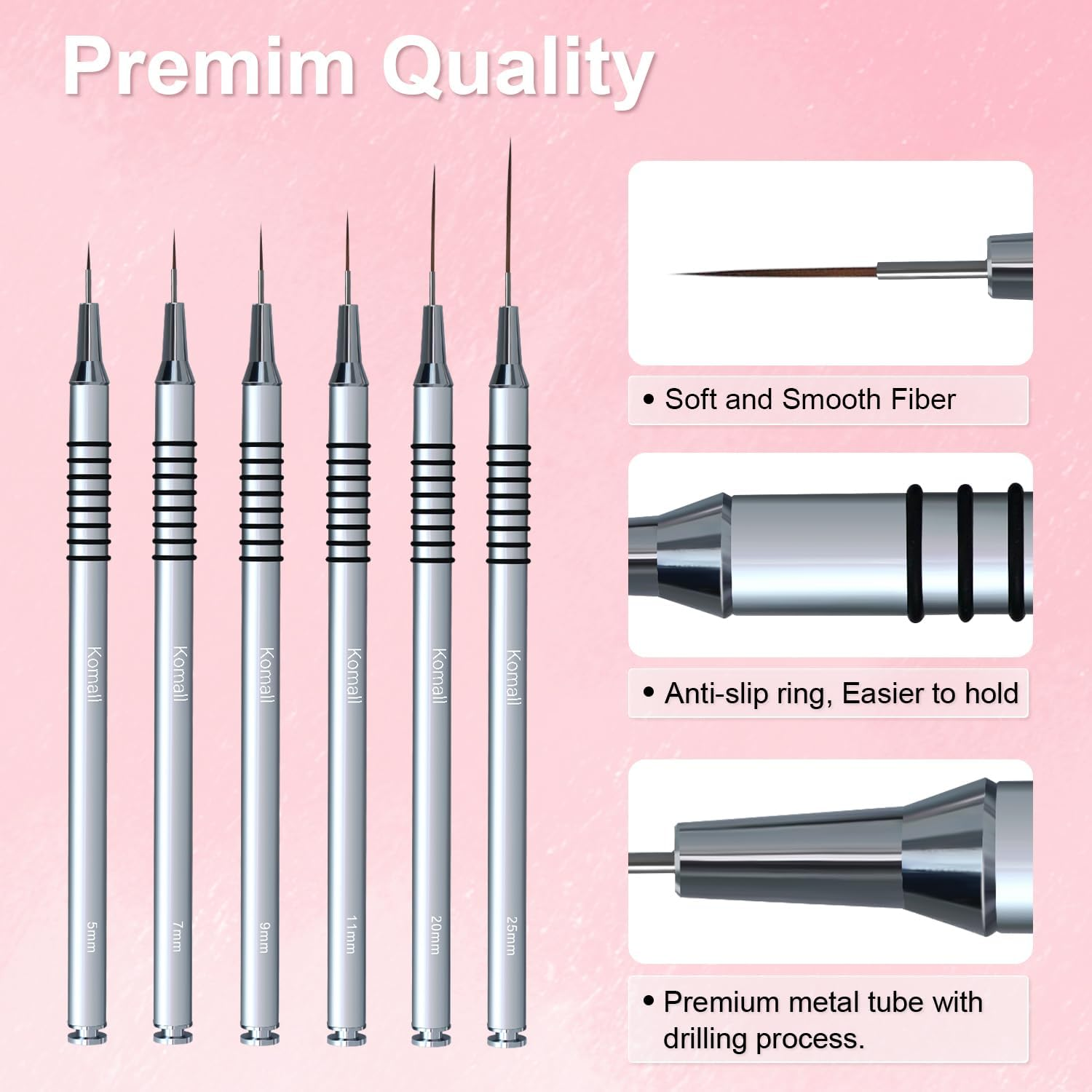 Komall Metallic Nail Art Brushes, 6Pcs Non Slip Liner Brush Set, UV Gel Polish Painting Art Design Pen for Long Lines, Thin Details, Fine Drawing Sizes 5/7/9/11/20/25Mm(Silver) image number 1