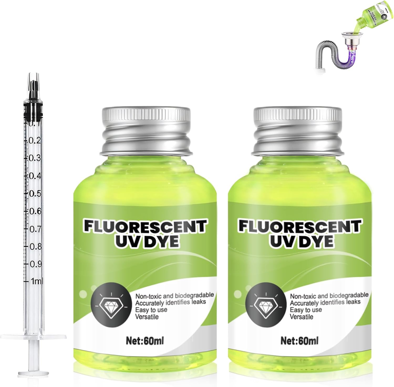 Allony Fluorescent UV Dye, Leak Detection Tracing Dye, Green UV Dye Detector for Detecting Refrigerant Gas Leaks in Vehicle Air Conditioning Systems, Includes R134A Adapter 60Ml image number 1