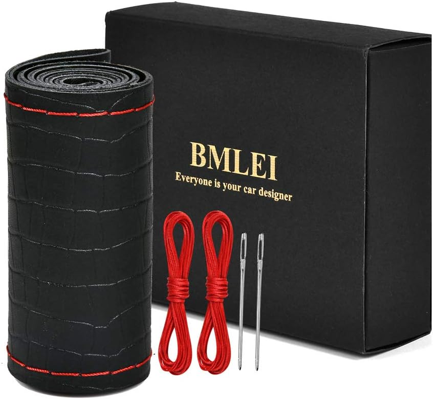 BMLEI Steering Wheel Cover Universal 15 Inch with Top Genuine Leather, Anti-Slip Design, Soft Padding, Stitch on Wrap