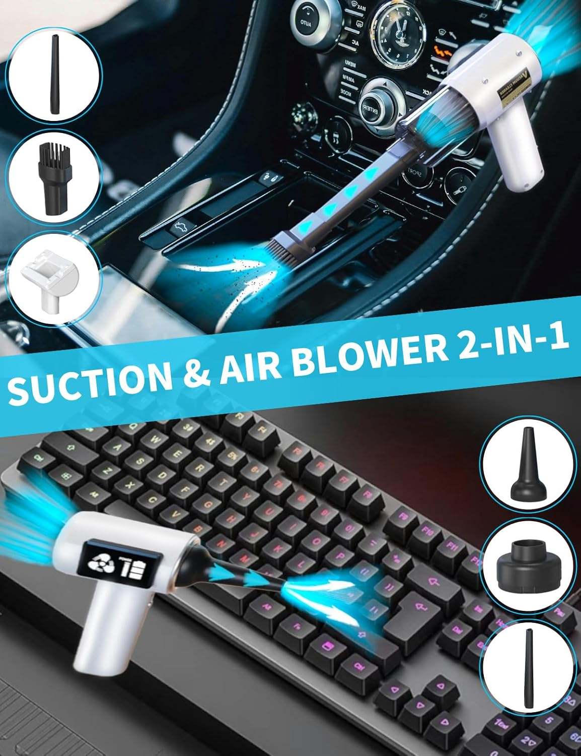 SLTLTD Car Vacuum Cleaner 22000PA - 5-In-1 Handheld with Compressed Air & LED Display | Portable for Car Accessories, Pet Hair, Home, Car Seat Cleaning (1, White) - Back image number 6