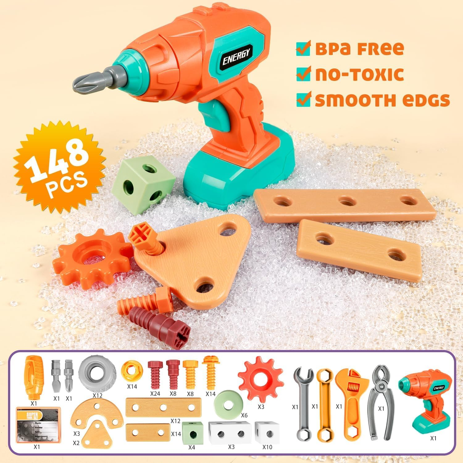 Kids Tool Set with Drill, 148 PCS STEM Building Tools with Storage Box Plastic Todder Tool Set for Boys and Girls Age 3 4 5 6 7 8 Years image number 5