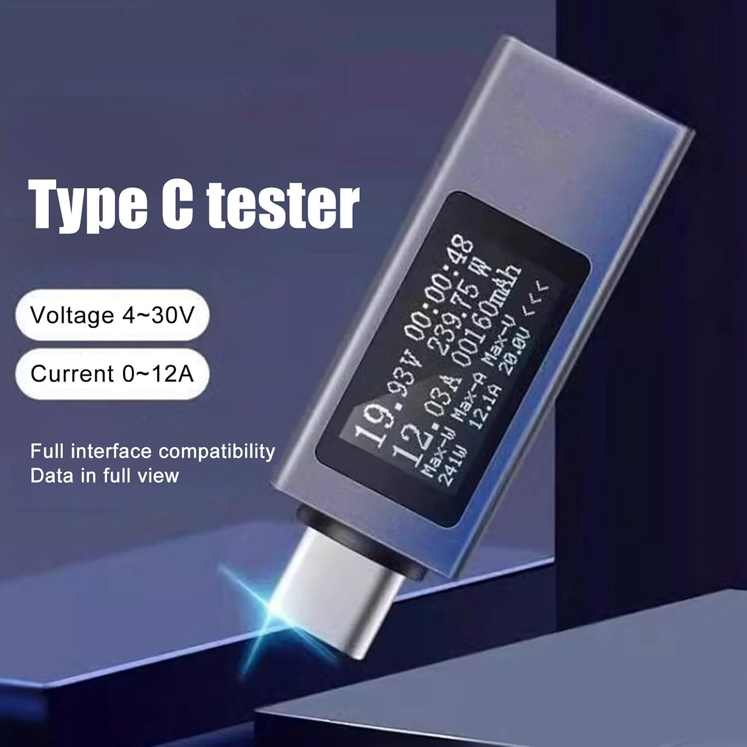 USB Tester Type C Multimeter Voltage Current Meter Power Volt Ammeter DC430V 012A, 0.77In HD Display, Drop Resistant Case, Fast Charge Test Compatibility, Real Time Monitoring image number 2