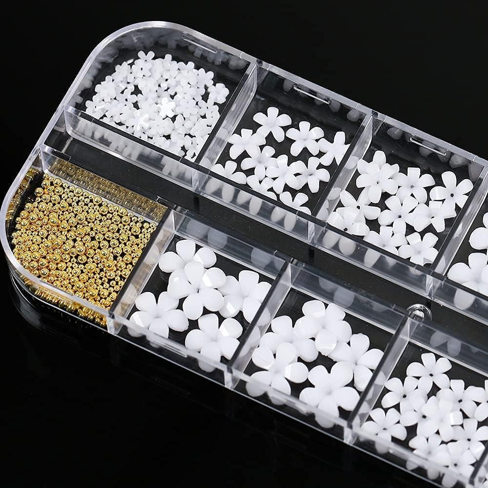 3D Flower Nail Art Charms, 250Pcs White Flowers Nail Rhinestones Kit 3D Crystal Nail Pearls Flat Design Acrylic Nail Art Studs Manicures Nail Accessories for Women Girls image number 1
