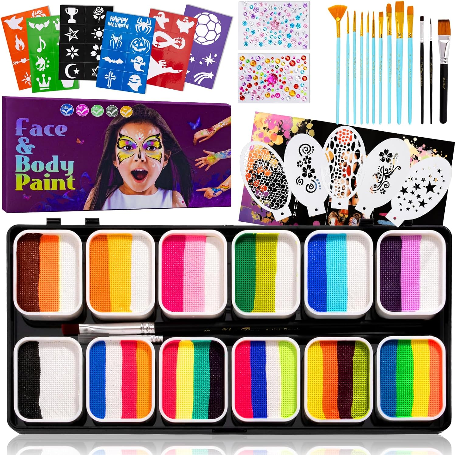Face Paint Kit-12 Split Cake Palettes Face Painting Kit Professional with Stencils for Kids Adults, Rainbow Non Toxic Water Activated Facepaint Makeup Kit with Brush Set for Party,Halloween,Christmas image number 2