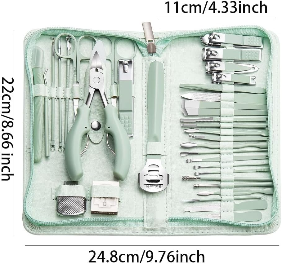 Manicure Pedicure Kit 35 in 1 Stainless Steel Nail Clippers Travel Essentials Portable Nail Care Set with Zippered Case（Green） image number 5