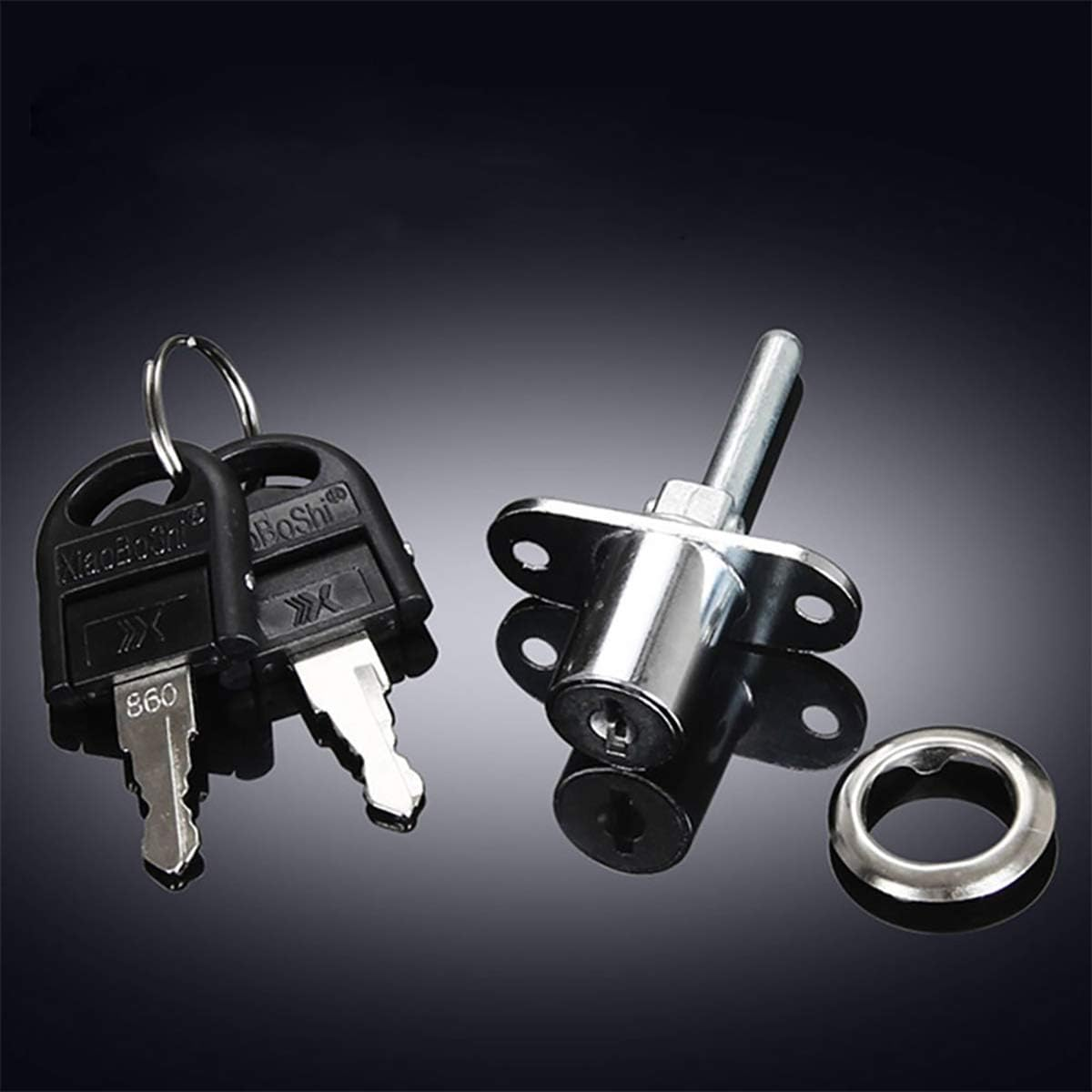 1X Drawer Lock Desk Wardrobe Cabinet Plunger Lock, Cylinder Lock with 2 Keys, Zinc Alloy Chrome Finish,16/19Mm, Silver/Black