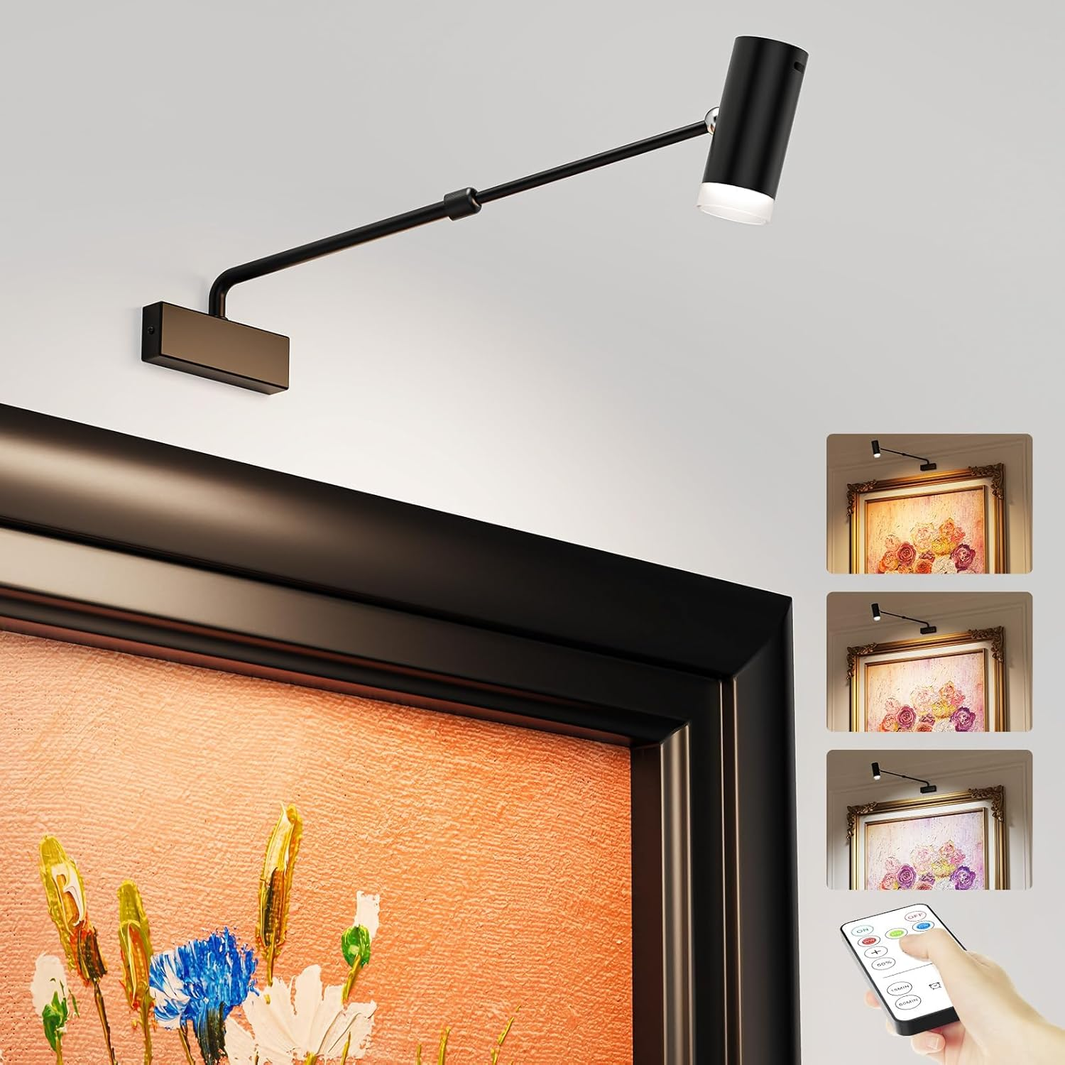 HUDYOGY Rechargeable Picture Light with Remote Control, Adjustable Wall Sconce, 4000Mah Battery, Dimmable LED Art Light for Gallery, Bedroom & Bathroom image number 2