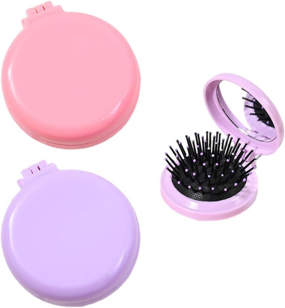 Pack of 2 Foldable Travel Hair Brush with Mirror Foldable Travel Mirror round Portable Foldable Bag Hair Brush for Men Women and Girls Purple Pink image number 3