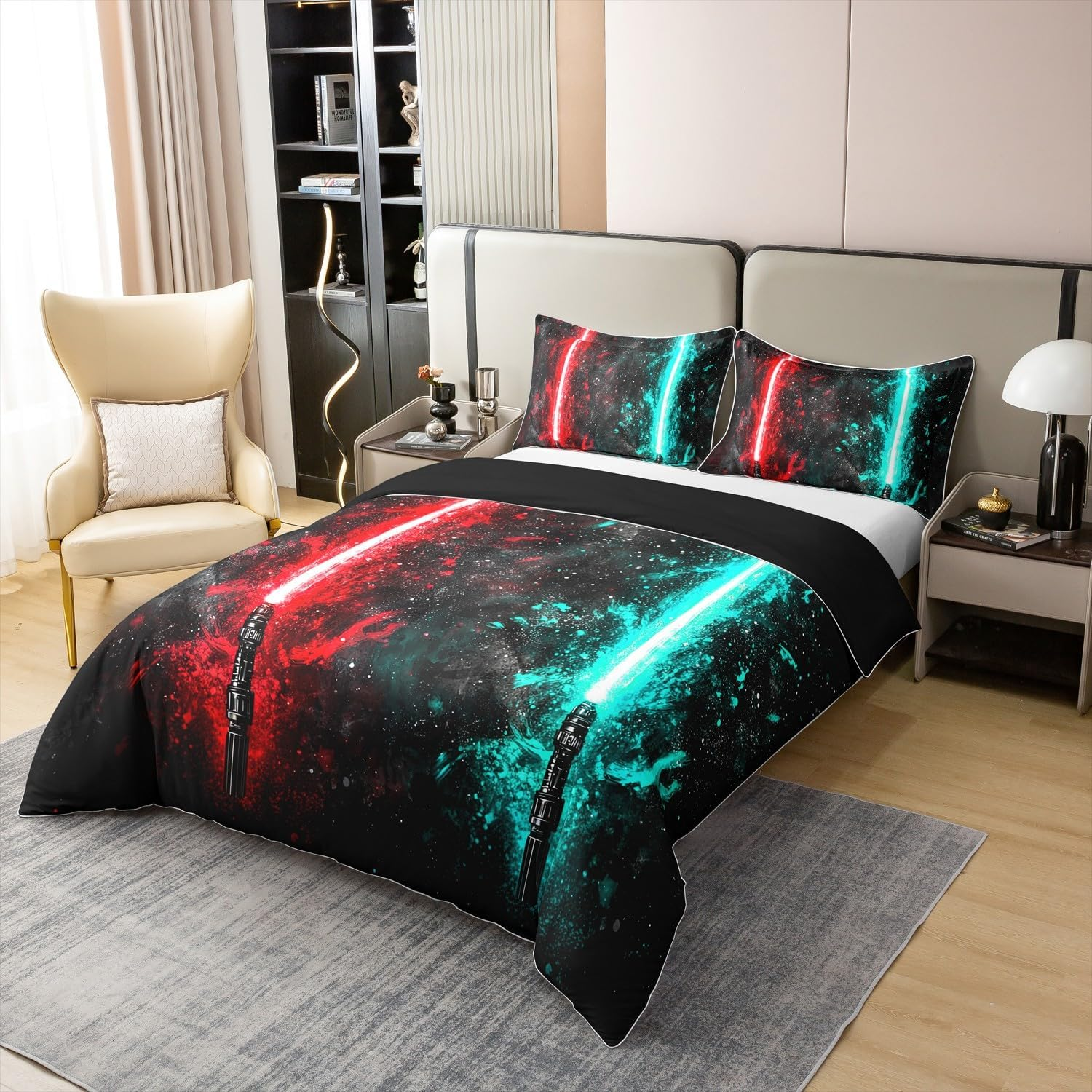 100% Cotton Neon Red Teal Lightsaber Bed Linen Set 200 X 200, Neon Glowing Lightning Comfort Cover for Children Teens, Fashion Games Duvet Cover Light Sword Technology Bed Set with 2 Pillowcases image number 3