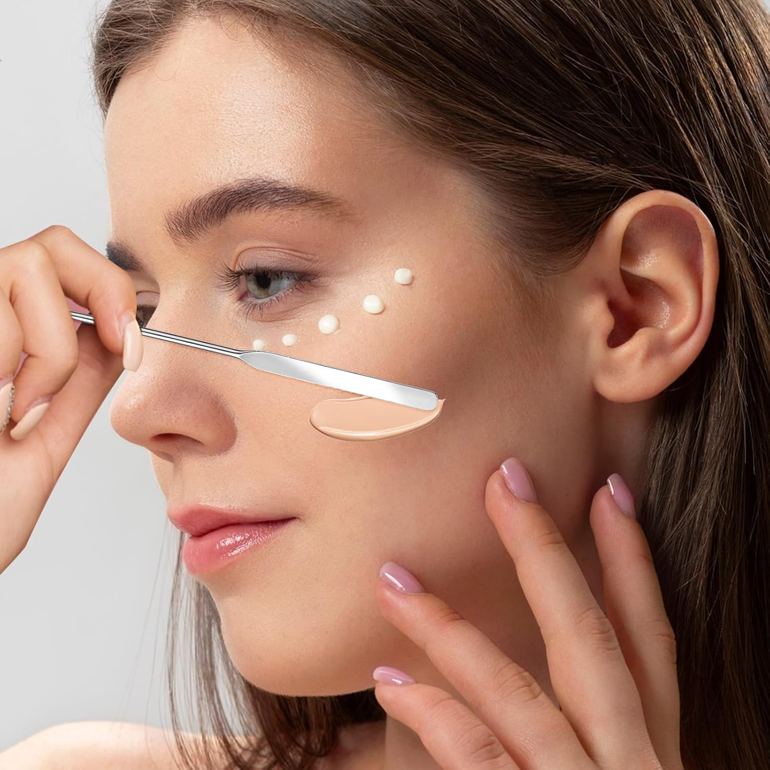 Makeup Spatula, Stainless Steel Depotting Spatula with Silicone Cosmetic Tools Make up Accessories for Cosmetics Mixing Blending Foundation Small Area of Face image number 5