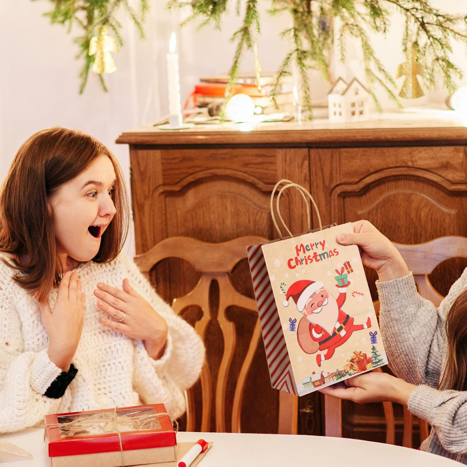 24 Pcs Christmas Kraft Gift Bags, Geeric Xmas Paper Bags Bulk with Handles Party Bags Christmas Candy Treat Bag Gift Bags for Xmas Gift Wrapping Christmas Party Santa Claus,Snowflake,Elk Print Pattern - Color2 image number 5