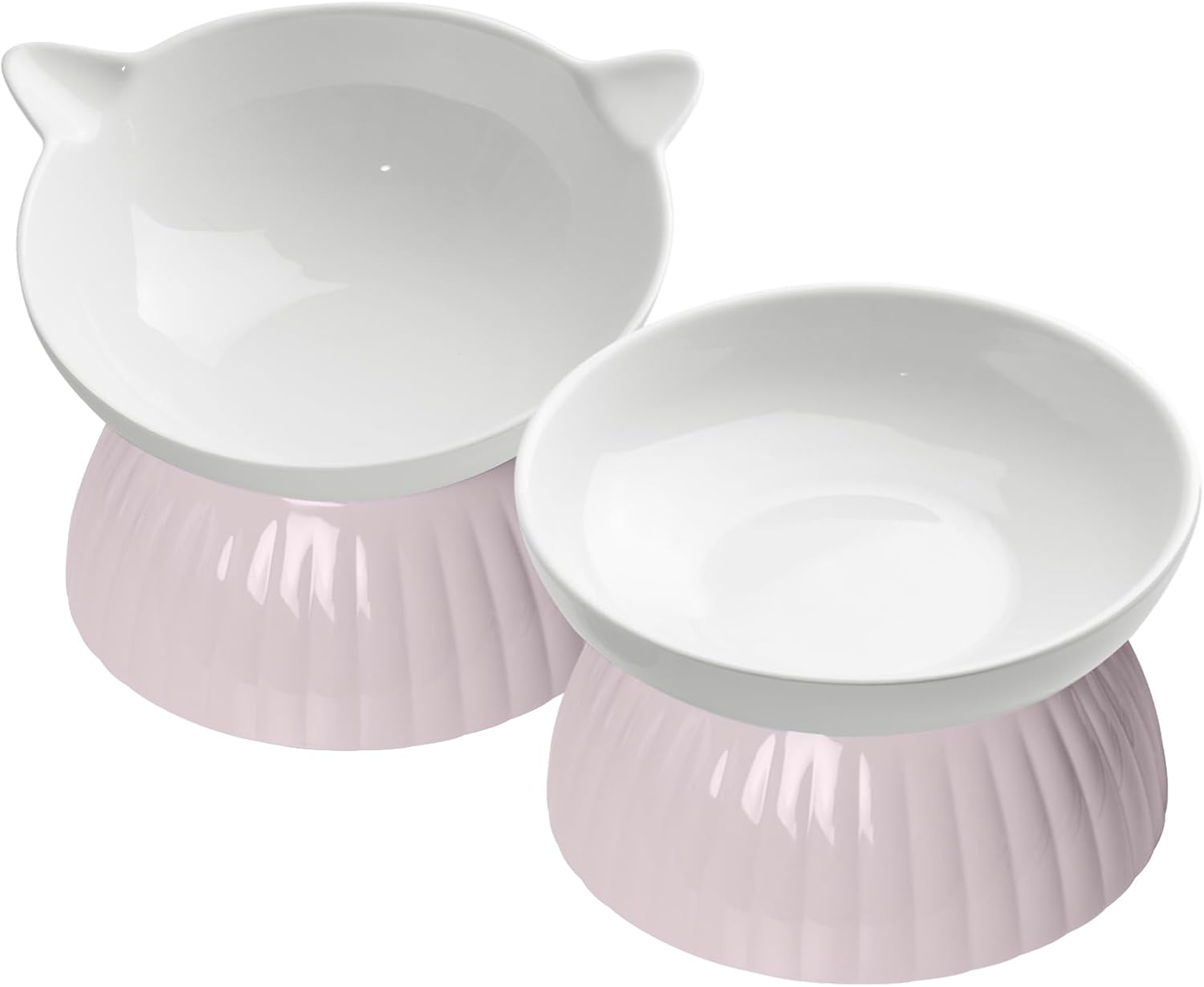 2 Ceramic Raised Cat Food and Water Bowls, Elevated Pet Bowl Set for Indoor Cats and Small Dogs, Anti-Vomiting Feeder with Plastic Base, Dishwasher Safe, Black