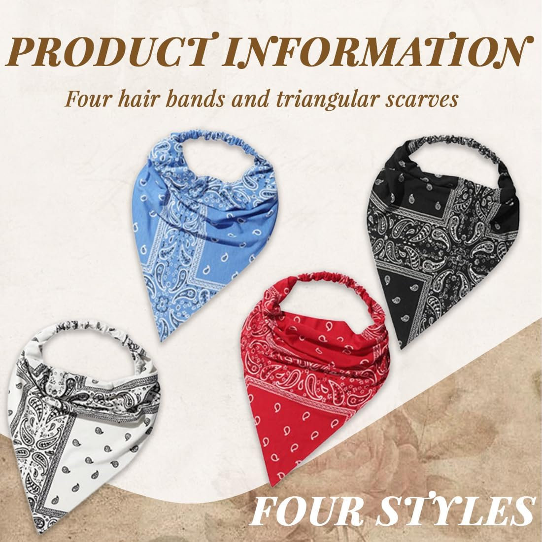 Pack of 4 Women'S Boho Headbands Triangle Headscarves Bandanas Turban Tie Hair Bands Elastic Hair Scarf Thin for Women and Girls image number 1