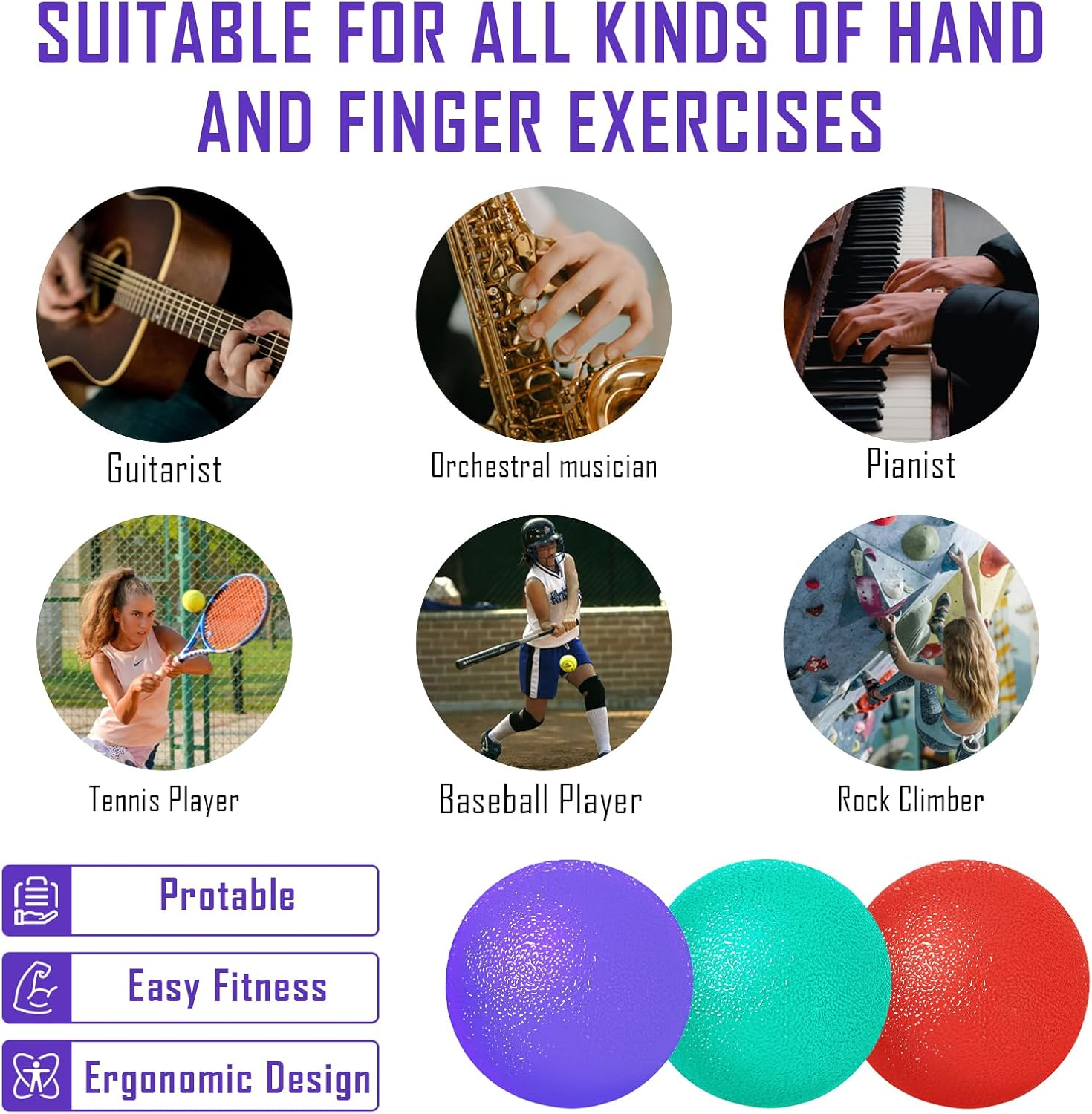 3 Pack Stress Balls for Adults, Squeeze Balls for Hand Therapy, Hand Strengthening Devices with Different Resistance Levels for Finger Forearm Wrist Exercise Relaxation and Pain Relief-2 image number 5