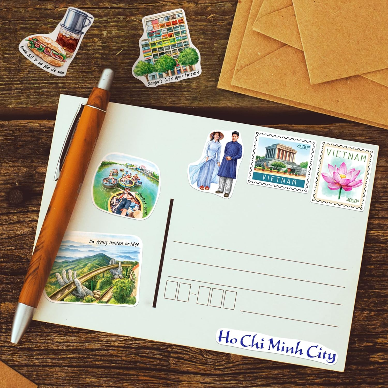 Navy Peony Vibrant Vietnam Travel Stickers (28Pcs) - Watercolor, Vietnamese-Themed Vacation Decals for Journals, Scrapbooks, Luggage, Tumbler image number 6