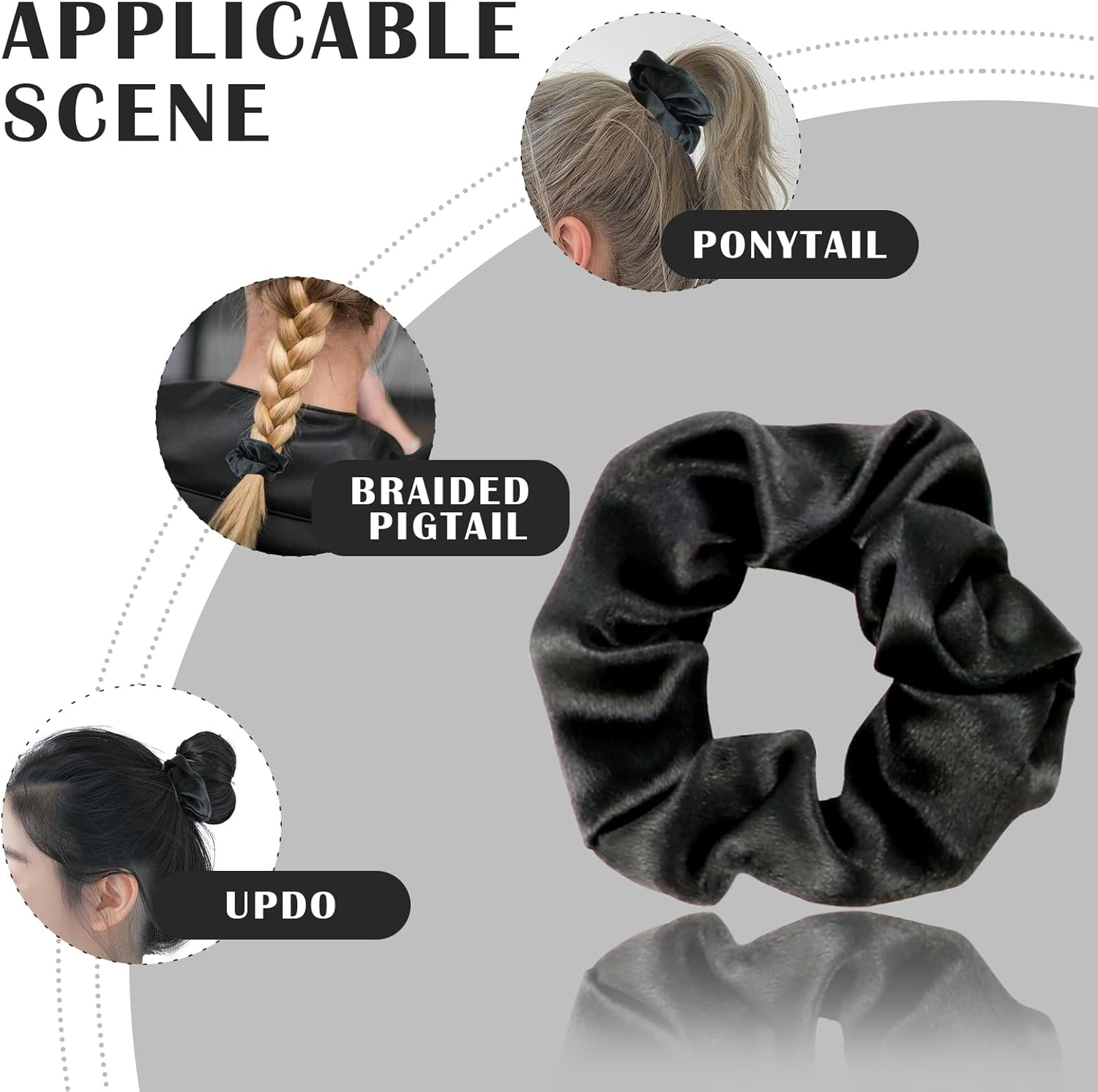 FERCAISH Pack of 5 Satin Hair Bobbles, Scrunchies Silk, Large Velvet Hair Bobbles, Elastic Hair Bands, Thick Hair Scrunchies for Women and Girls (Black) image number 2