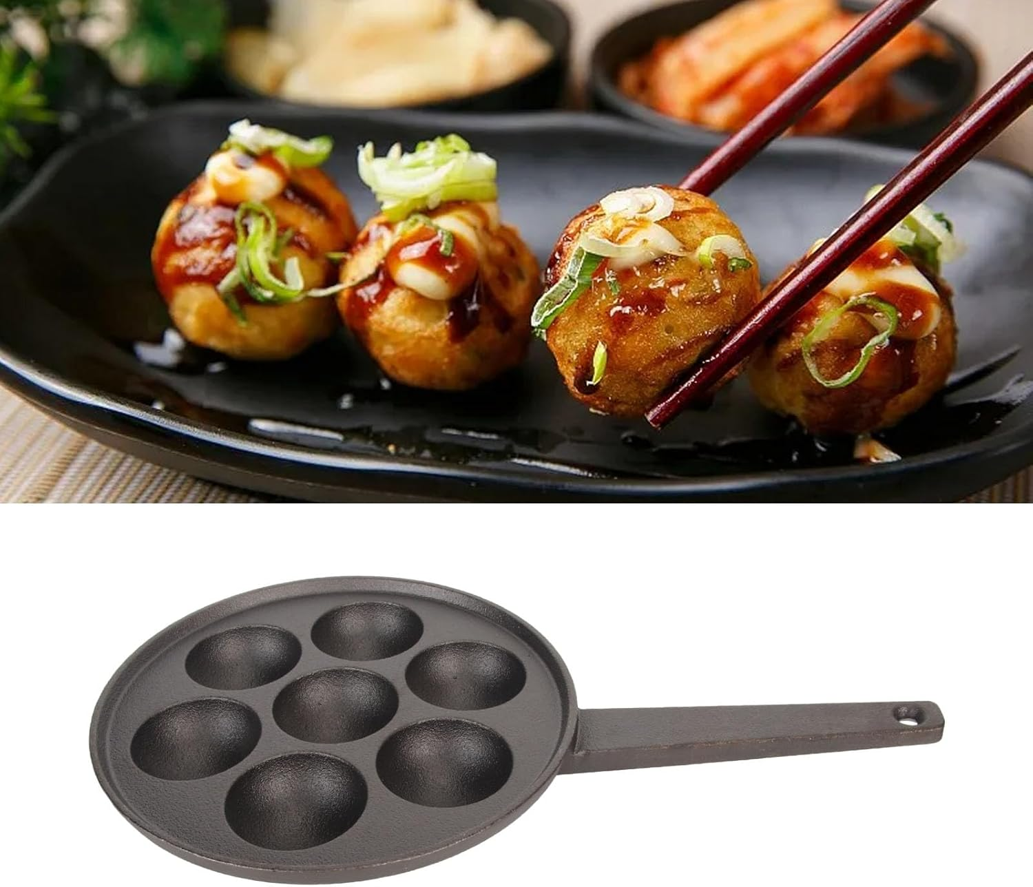 Deepened Cast Iron Takoyaki Grill Pan Nonstick 7 Holes Fast Heating for Family Breakfast image number 6