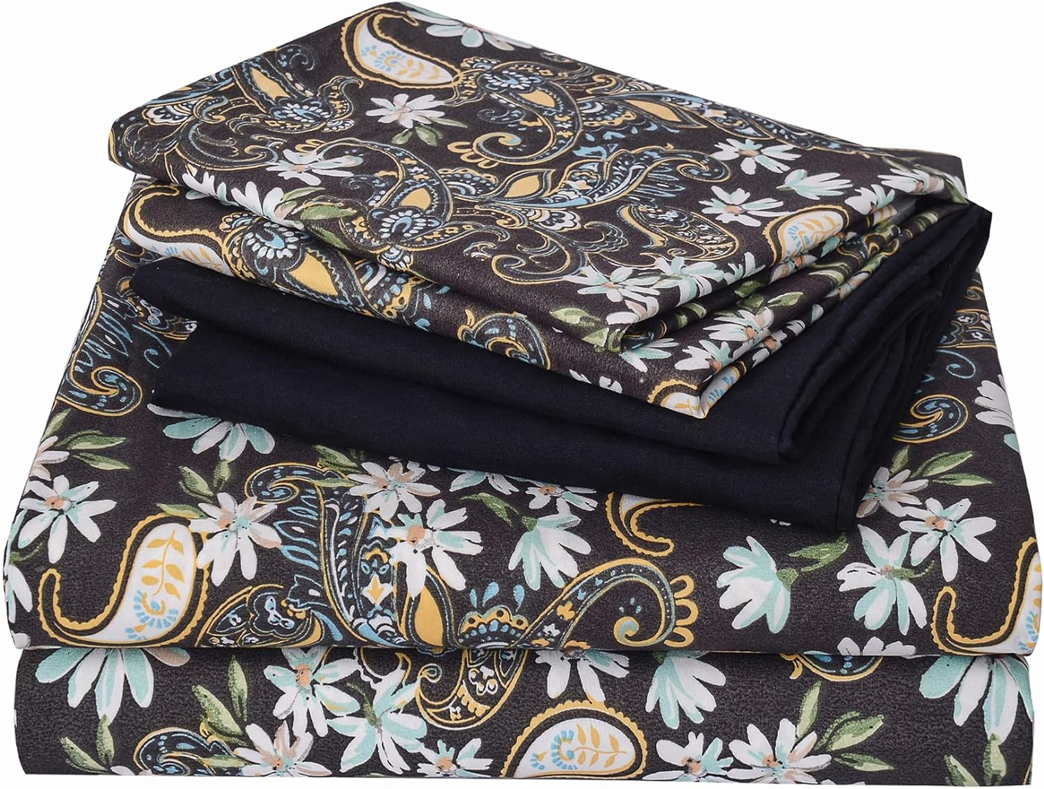 JSD 6 Piece Yellow Floral Print Sheet Set Queen Size, Soft Botanical Microfiber Sheets and Pillowcases Deep Pocket