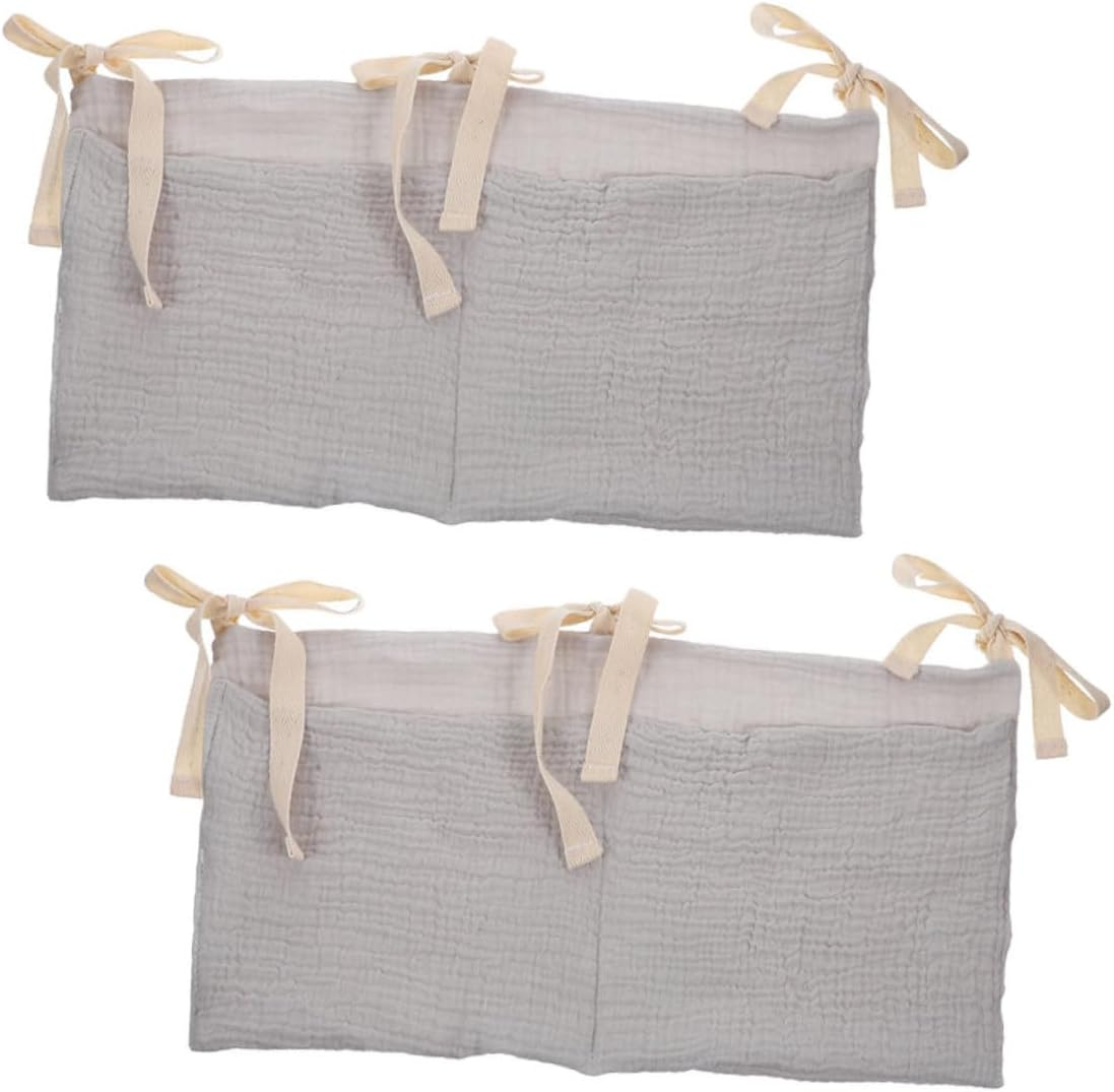 2Pcs Bedside Organizer Soft Cotton Crib Storage Bag with Dual Pockets Care for Efficient Toy and Supply Management Grey