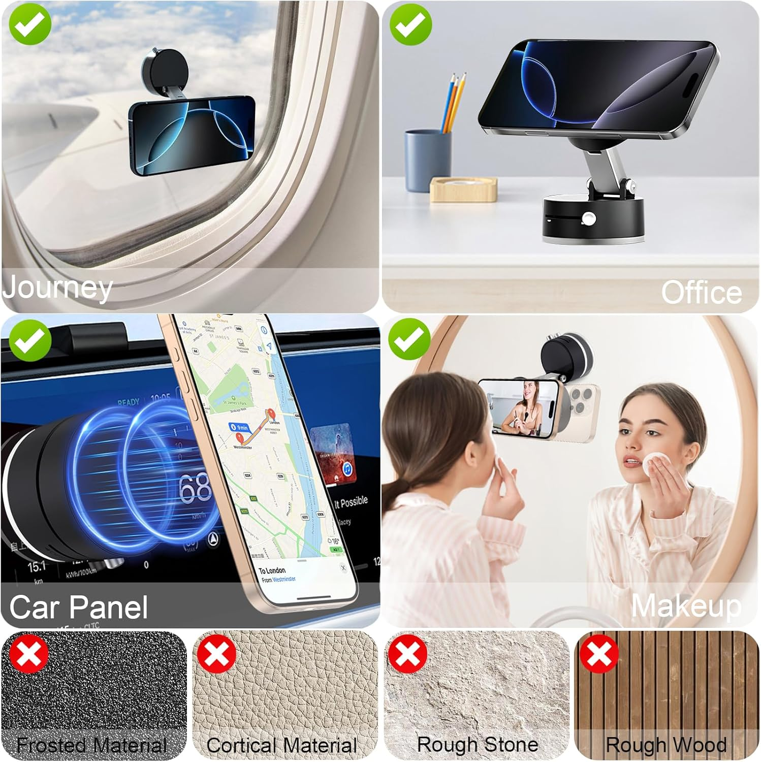 ROUMAYMAY Car Phone Holder Vacuum Suction Mount, Foldable Cup Retractable Adjustable Strong Magnetic for Cell Phone Stand on Dashboard Vent Windshield Car/Travel/Desktop, Black image number 1