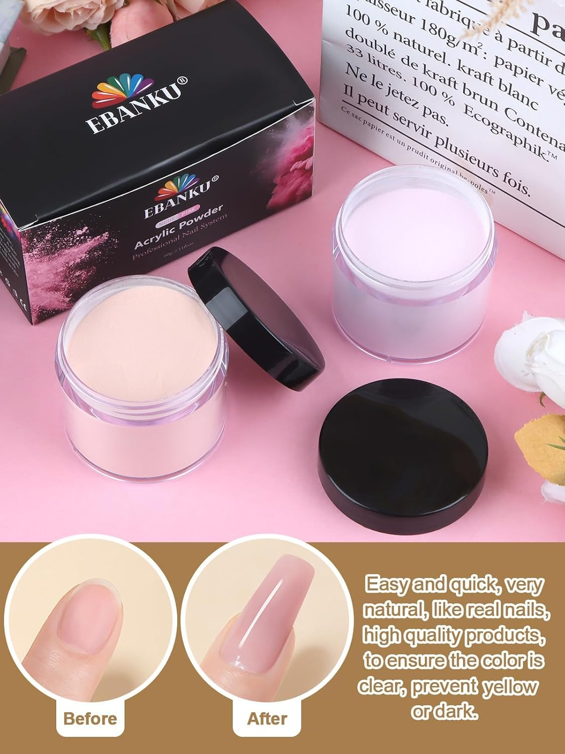 Kalolary Nude Pink Acrylic Powder, 2 * 60G/2.1Oz Acrylic Powder Large Capacity Professional Acrylic Nail Powder for Nail Acrylic Extension, Nail Carving, Long-Lasting, No Nail Lamp Needed