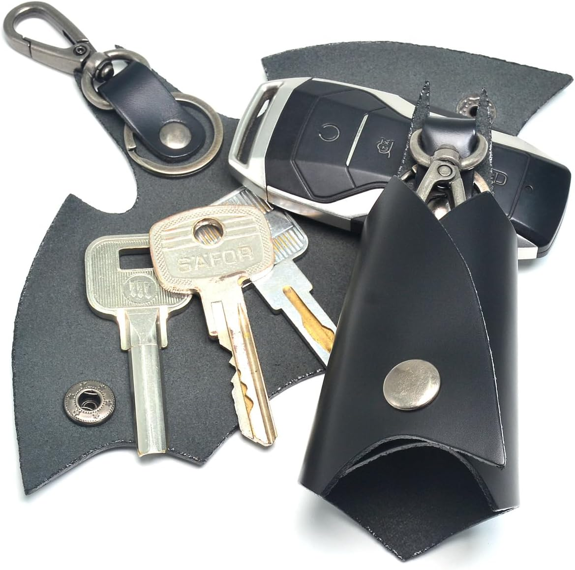 CAILLU POP Keychain Leather Bat for Car Key Fob Case,Leather Keys Ring Cover Holder,Man BMW Key Chain - Black Bat image number 2