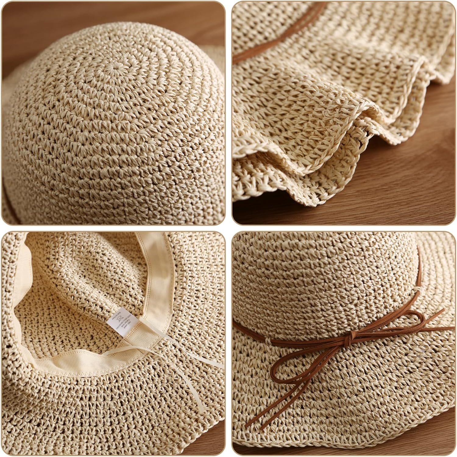 Straw Hats for Women, Breathable Wide Brim Sun Hat, Foldable Packable Bucket Cap for Beach Travel, Beach Sun Hats Beige image number 5