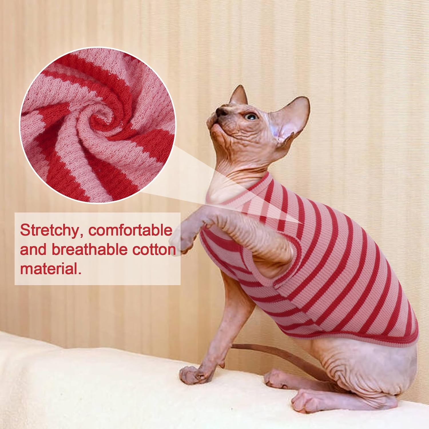 OUOBOB Sphynx Cat Clothes, Breathable Hairless Cat Shirts, Stripe Kitten T-Shirts Sleeveless, Pullover Cat Sweaters, Pet Summer Apparel for Sphynx, Cornish Rex, Devon Rex, Peterbald, Small Dogs image number 7