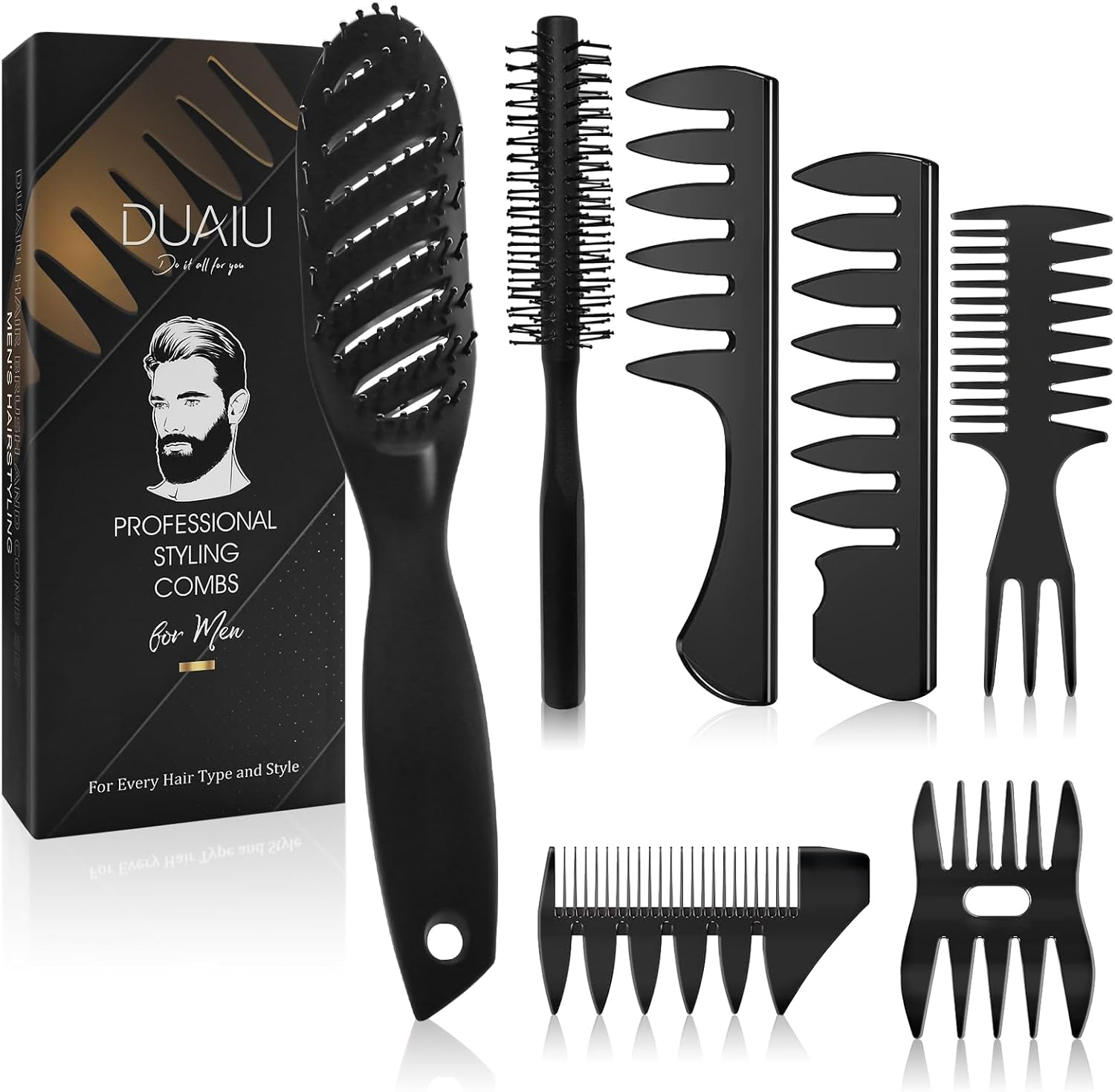 DUAIU Men'S Styling Set, 7 Pieces, round Brush, Curved Ventilated Hair Brush, Coarse Zinc, Texture Comb for Blow-Drying, Straightening, Detangling, Styling image number 1