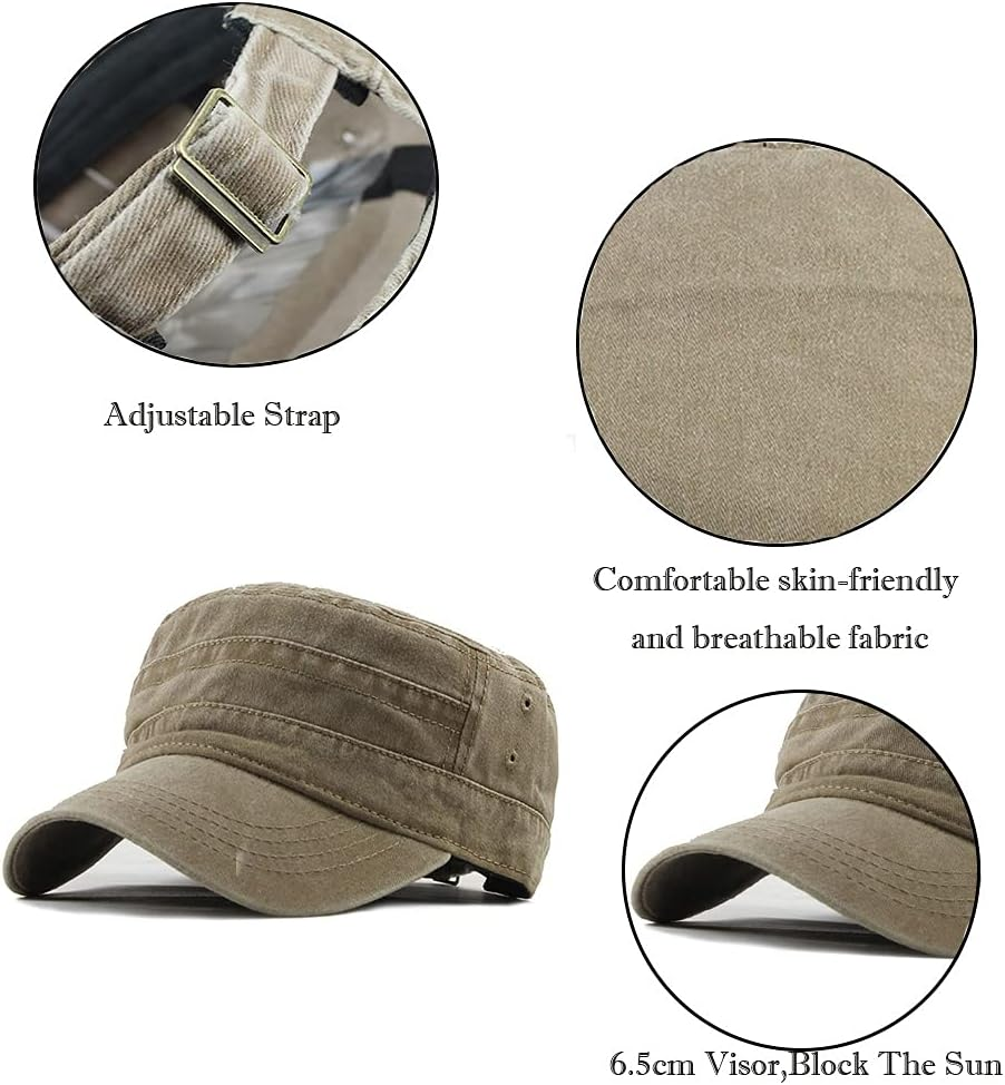 YULOONG Military Cap Vintage Army Caps Washed Cotton Flat Top Cap Outdoor Sunhat image number 2