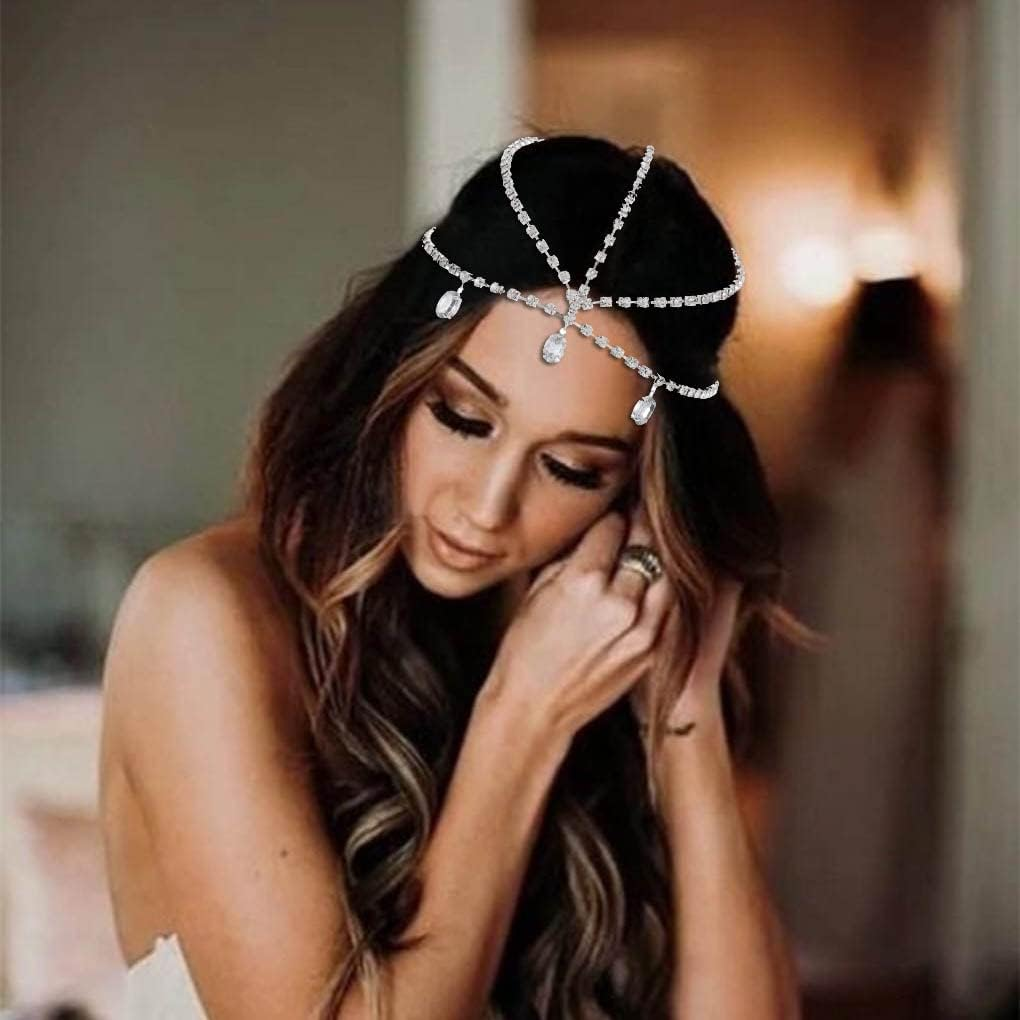 Yalice Layered Head Chain Rhinestone Head Jewelry Sparkly Bridal Headpieces Sparkle Crystal Headbands Wedding Prom Hair Jewelry for Women and Girls (Silver) - Gold image number 1