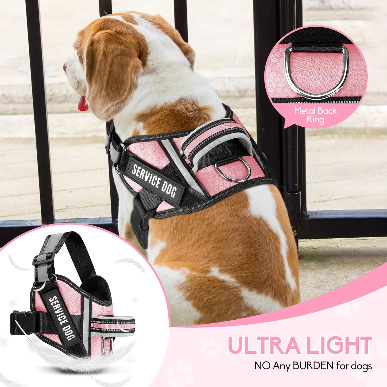 Service Dog Vest Harness and Leash Set, Animire in Training Dog Harness with 9 Dog Patches, Reflective Dog Leash with Soft Padded Handle for Small, Medium, Large, and Extra-Large Dogs (RED,XL) Pink image number 6