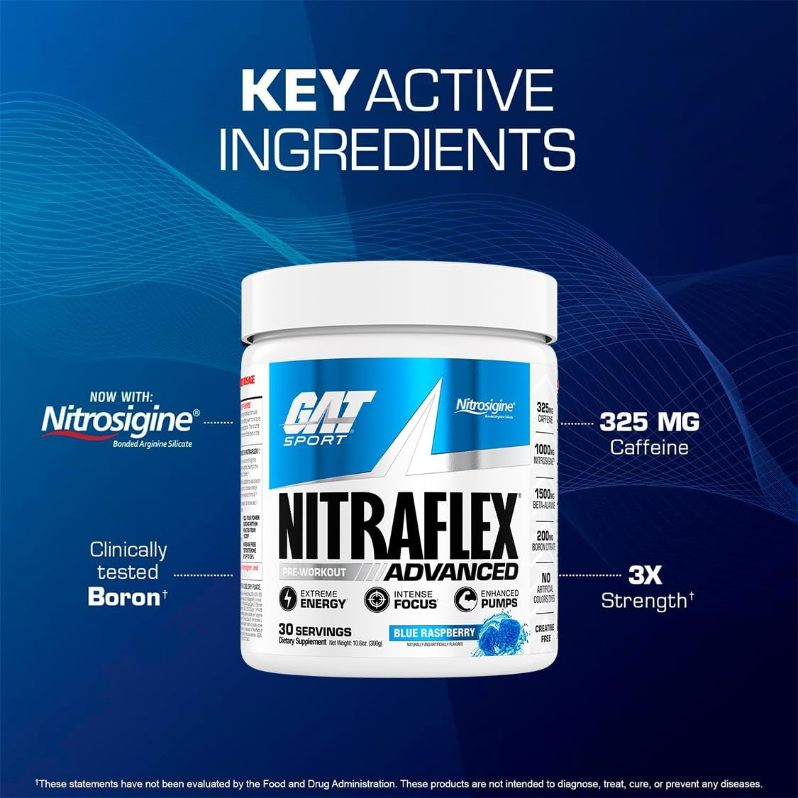 GAT Clinically Tested Nitraflex, Testosterone Enhancing Pre Workout, Blue Raspberry,300 Gram image number 5