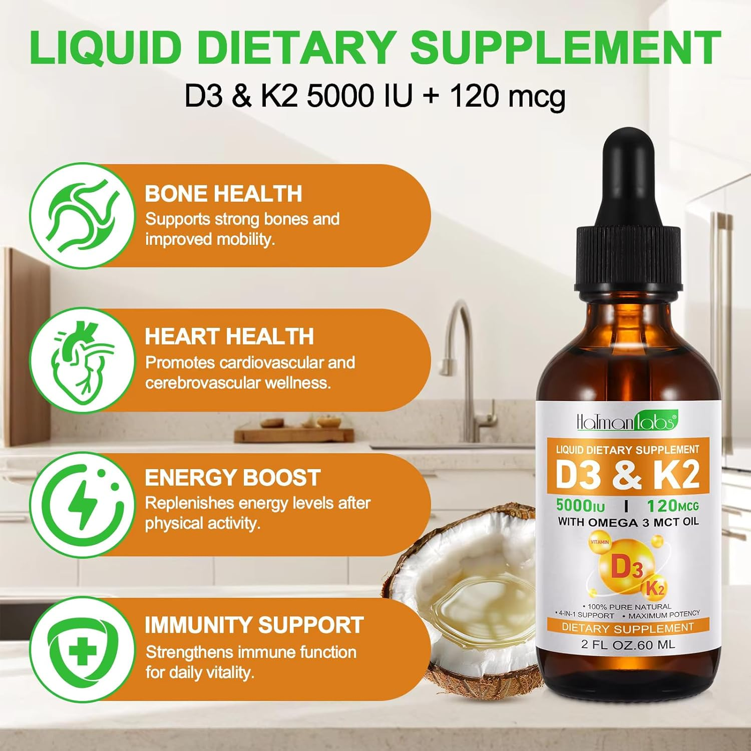 Vitamin D3 K2 Liquid Supplement 60Ml | 2-In-1 Supplement | Vitamin D3 5000 IU with K2 (MK-7) 120 Mcg | Vitamin D & K Supplement for Bone and Calcium Support | Fast Absorption image number 3