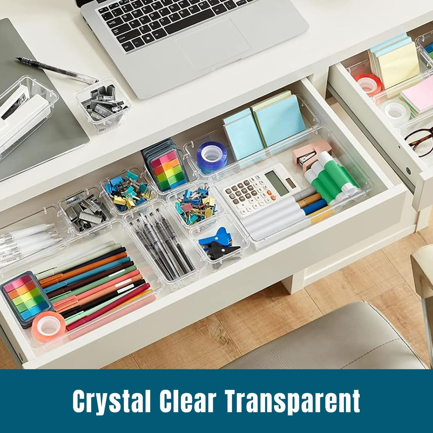 Stelive 25 PCS Clear Plastic Drawer Organisers Set, 4-Size Versatile Bathroom and Vanity Organiser Trays, Non-Slip Storage Containers & Bins for Makeup, Bedroom, Kitchen Utensils and Office image number 1