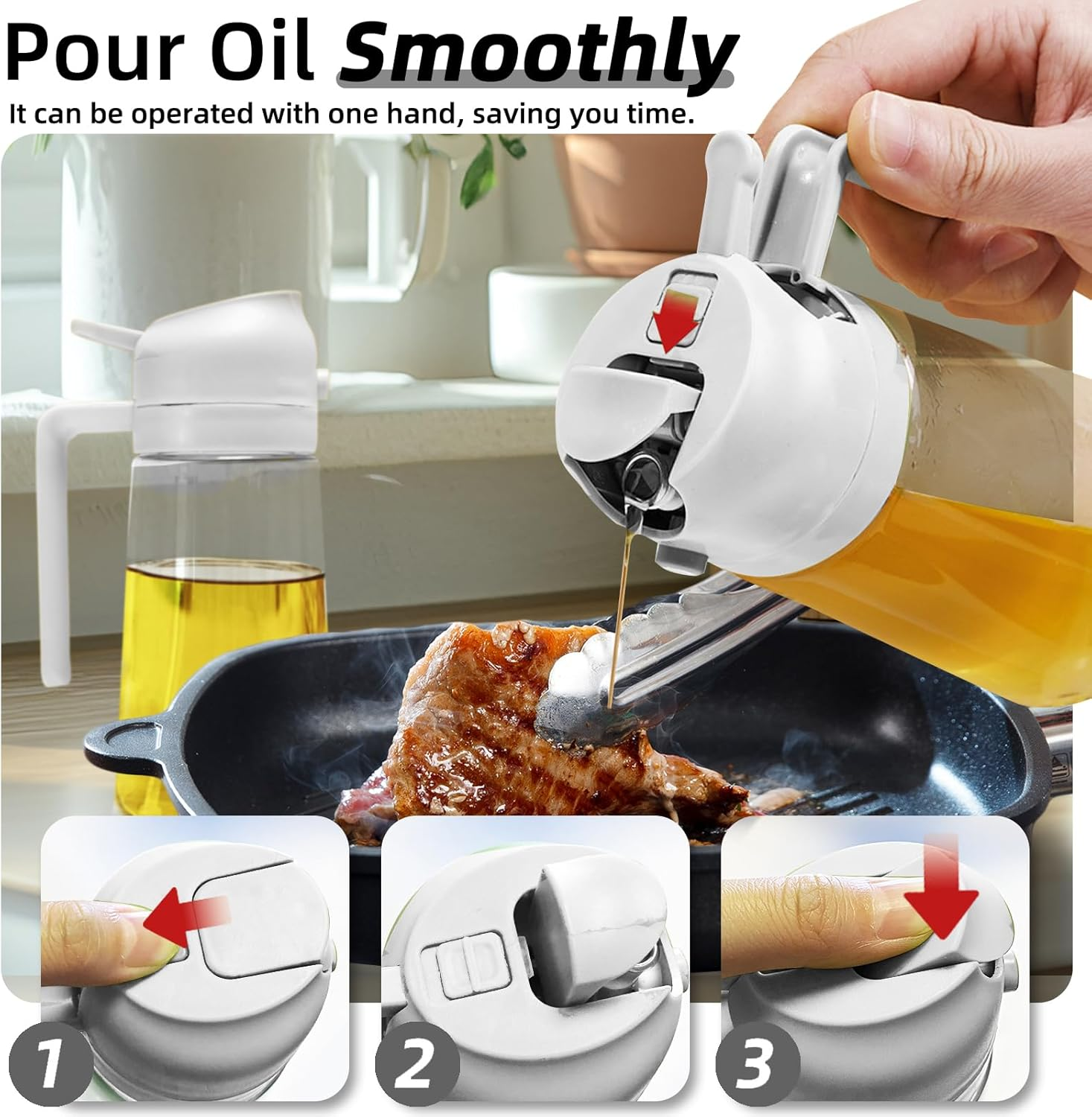 Spray Bottle, 470Ml Dual-Use Glass Oil Spray Bottle - Effortless, Drip-Free, and Easy to Clean (White)