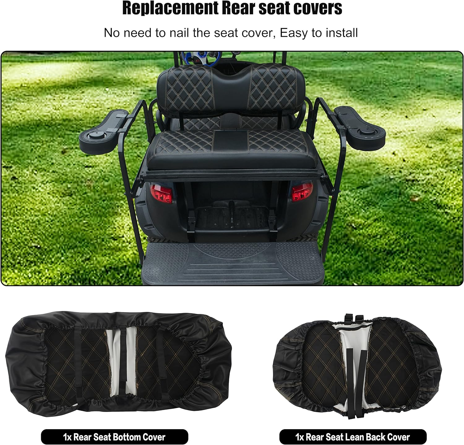 NOKINS Golf Cart Diamond Vinyl Seat Covers, Fit Club Car Precedent DS EZGO RXV TXT Yamaha Drive Aftermarket Regular Rear Seat Cushion, No Stapler, Multiple Colors and Breathable (Black&Brown Stitch) image number 5