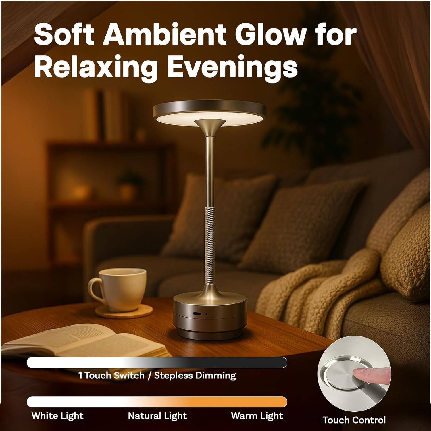 MMOBIEL Wireless LED Table Lamp, Rechargeable round Metal Lamp with Touch Control, Continuous 3-Colour Dimming, USB-C, 1800 Mah Battery for Bedroom, Restaurant, Indoor & Outdoor - Silver image number 5