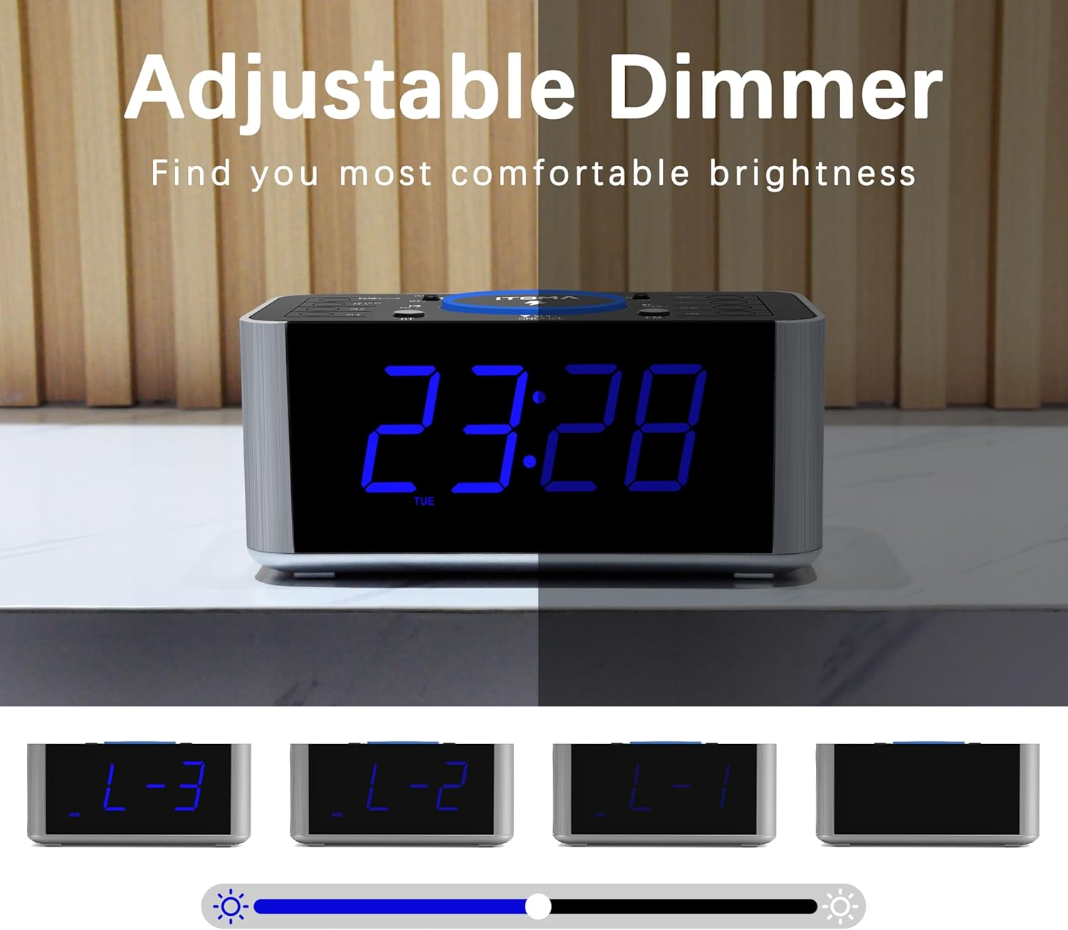Alarm Clock Radio with 5W Wireless Charging, Snooze,Bluetooth, Dual Alarm, 1.4'' LED Display, Dimmer, USB Charging Clock for Bedside Itoma 206 - Blue Led Display image number 5
