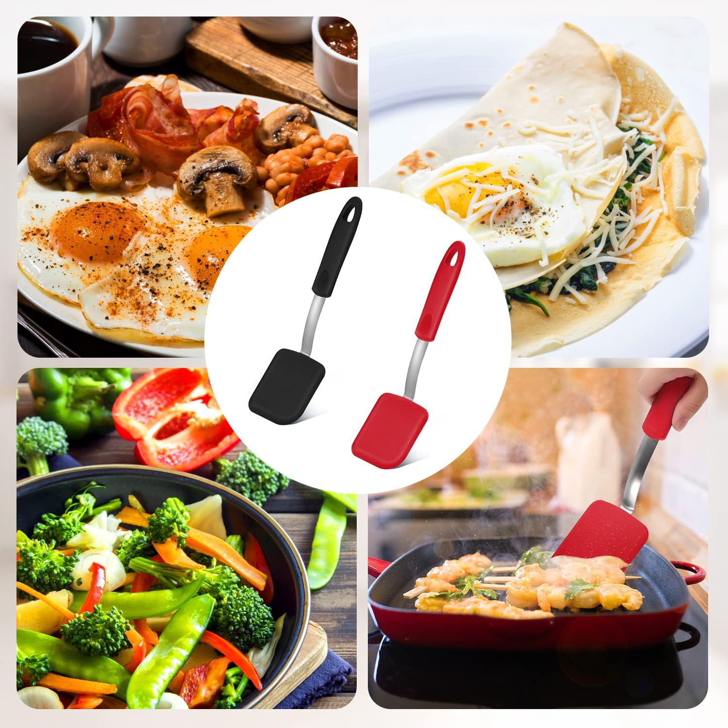 2Pcs Small Silicone Spatula, Mini Silicone Spatula Turner Heat-Resistant Scratch Flipper Baking Utensil for Fish, Eggs, Pancakes, Wok (Black, Red)