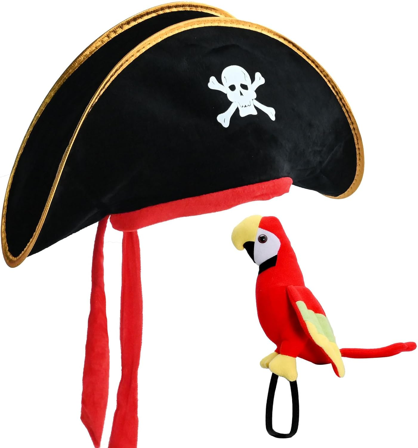 UOIENRT 2Pcs Pirate Hat Hat Skull Print & 10In Stuffed Parrot on Shoulder Pirate Costume Accessories for Halloween, School Play, Theater Performance image number 1